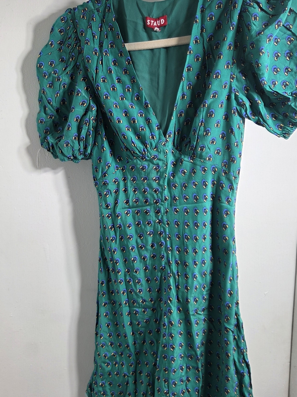 STAUD Green Geometric Floral V-Neck Puff Sleeve Mini Dress Size 0 XS
